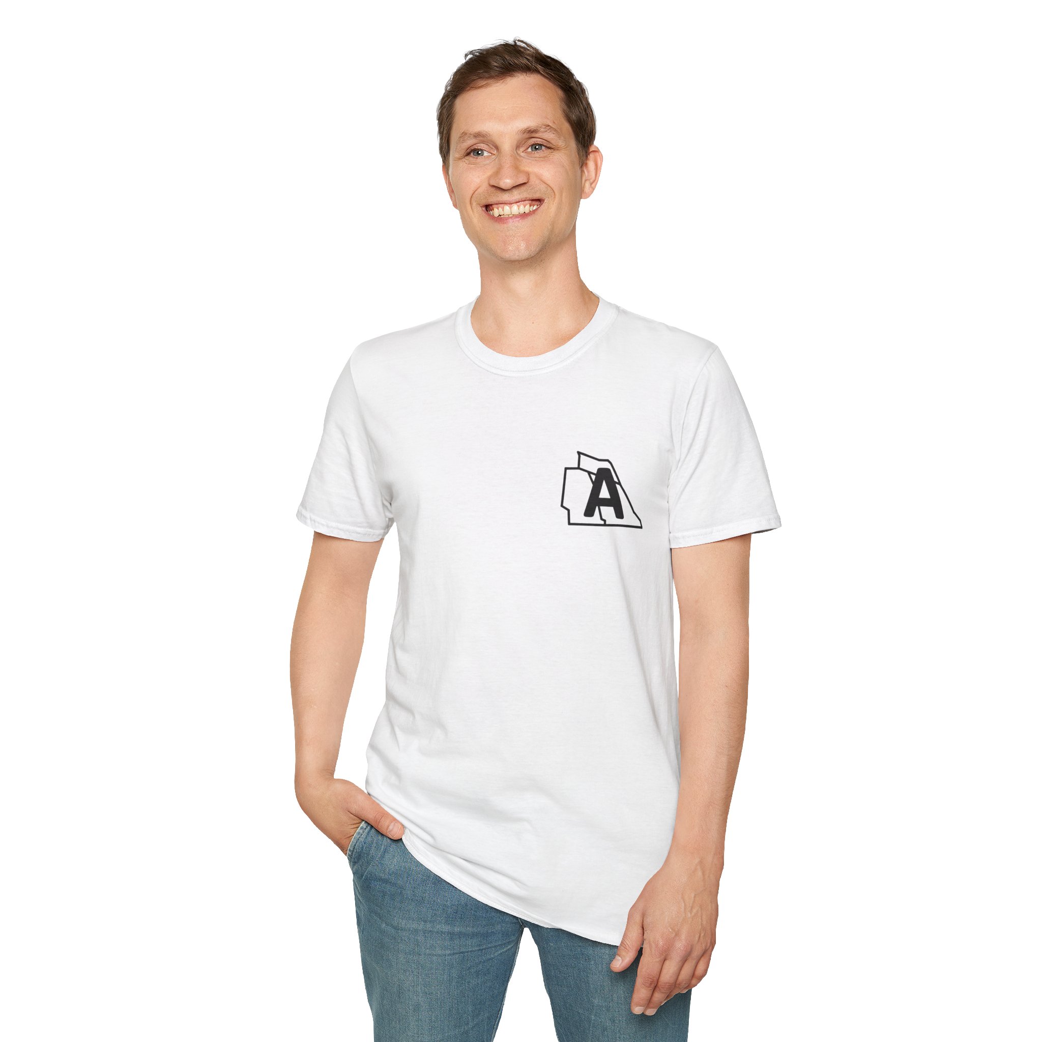 state initial pocket t shirt — minimalist palm graphic tee with 'pelen uxuta / rca pimor' back design