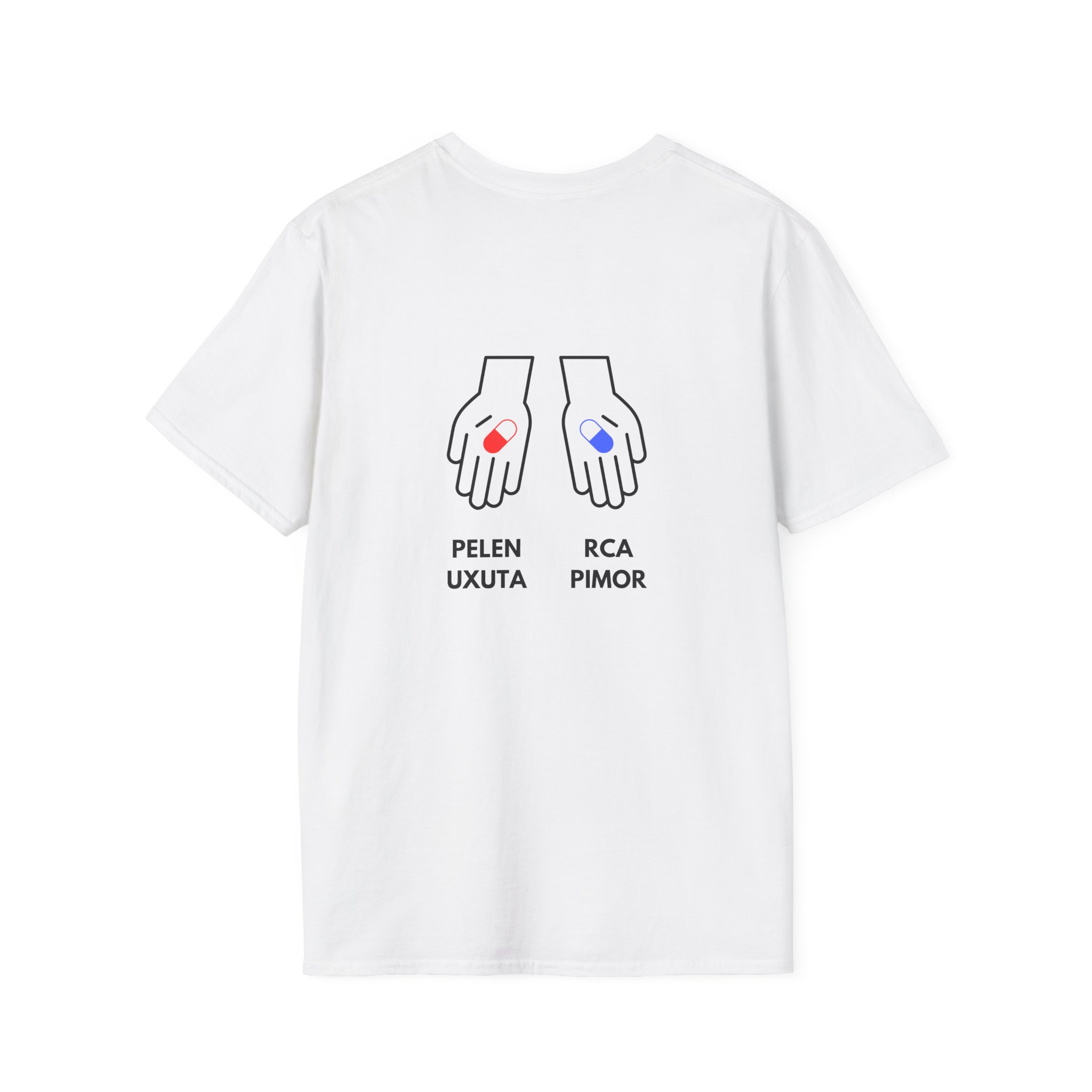 state initial pocket t shirt — minimalist palm graphic tee with 'pelen uxuta / rca pimor' back design state initial pocket t shirt — minimalist palm graphic tee with 'pelen uxuta / rca pimor' back design