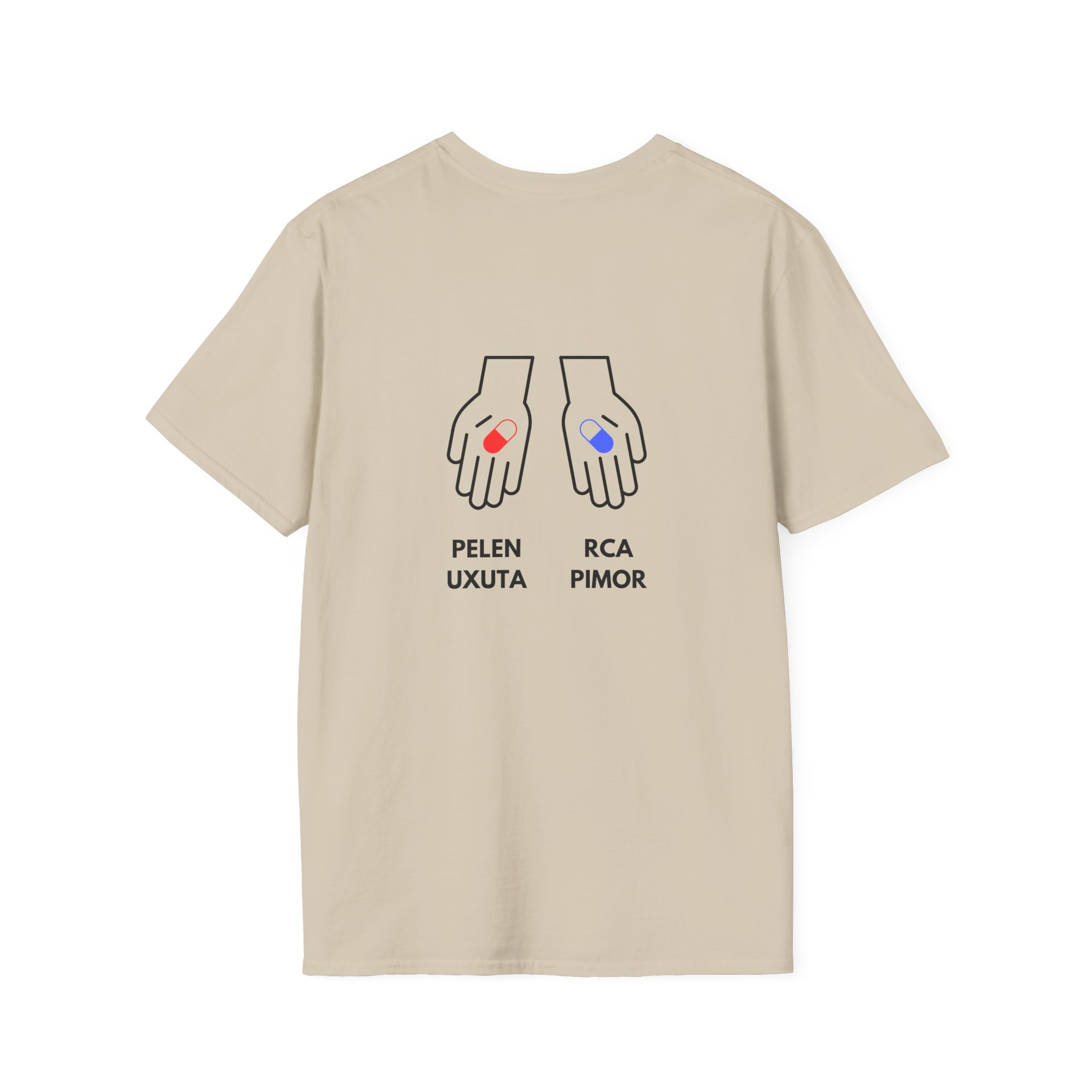 state initial pocket t shirt — minimalist palm graphic tee with 'pelen uxuta / rca pimor' back design state initial pocket t shirt — minimalist palm graphic tee with 'pelen uxuta / rca pimor' back design