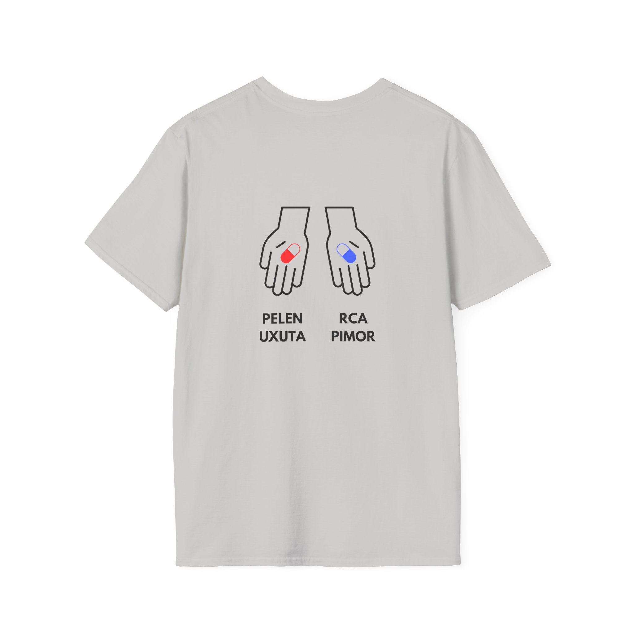 state initial pocket t shirt — minimalist palm graphic tee with 'pelen uxuta / rca pimor' back design state initial pocket t shirt — minimalist palm graphic tee with 'pelen uxuta / rca pimor' back design